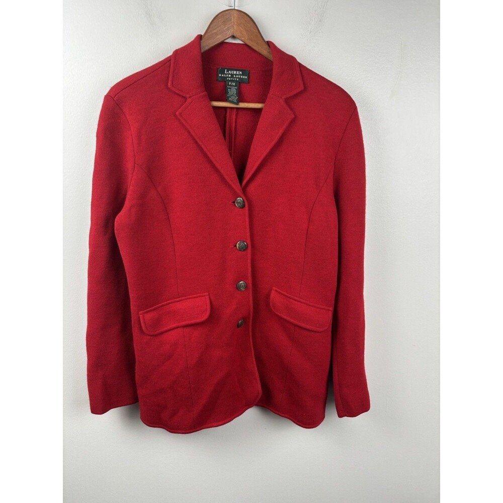 Lauren Ralph Lauren Merino Wool Sweater Blazer Jacket Buttons Petite Medium Red